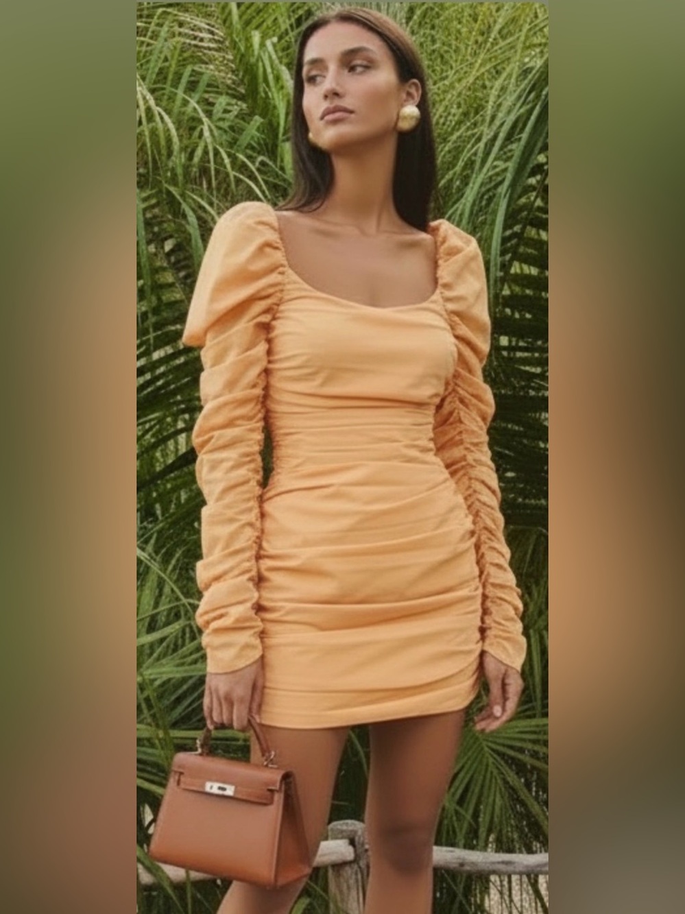 Caroline Constas Papaya Ruched Puff Sleeve Mini Dress NWT Size L